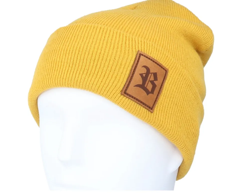 Old English B Patch Mustard Beanie - Bearded Man