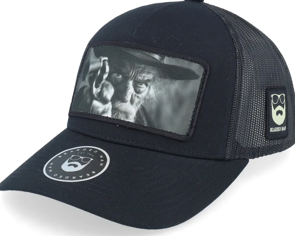 Outlaw With Revolver Black A-Frame Trucker - Bearded Man