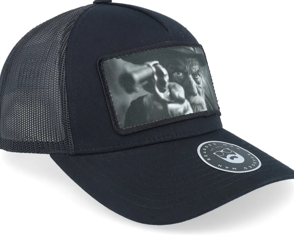 Outlaw With Revolver Black A-Frame Trucker - Bearded Man