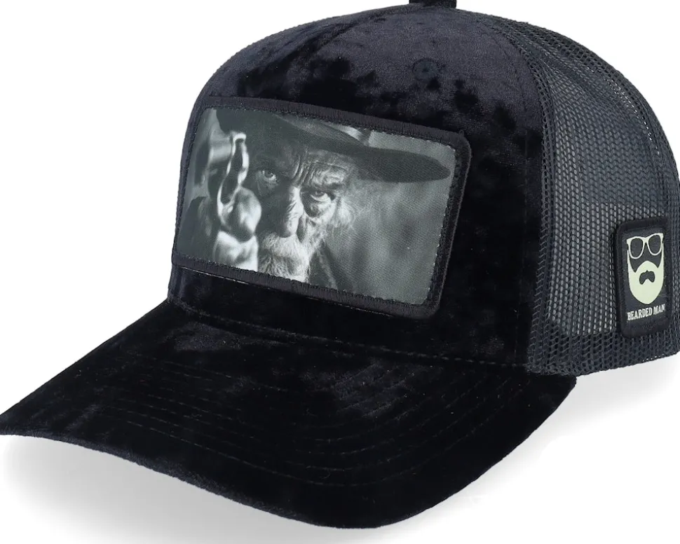 Outlaw With Revolver Velvet Black A-Frame Trucker - Bearded Man