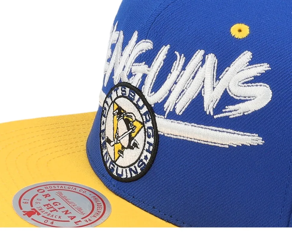 Pittsburgh Penguins Transcript Blue/Yellow Snapback - Mitchell & Ness