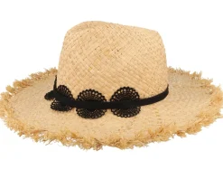 Raffia With Lace Trimmi Natural/Black Straw Fedora - Seeberger