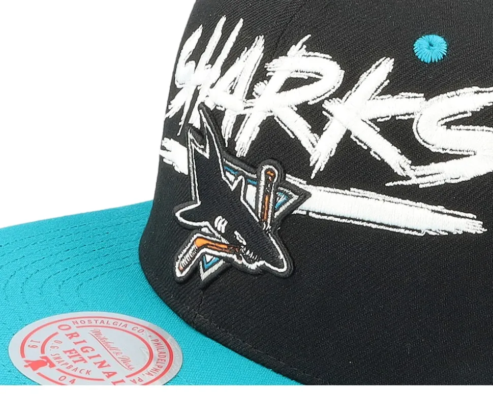 San Jose Sharks Transcript Black/Teal Snapback - Mitchell & Ness