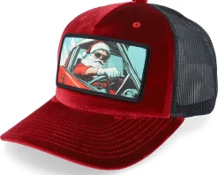 Santa Claus Going For A Ride Velvet Red/Black Trucker - Ho-Ho-Hats
