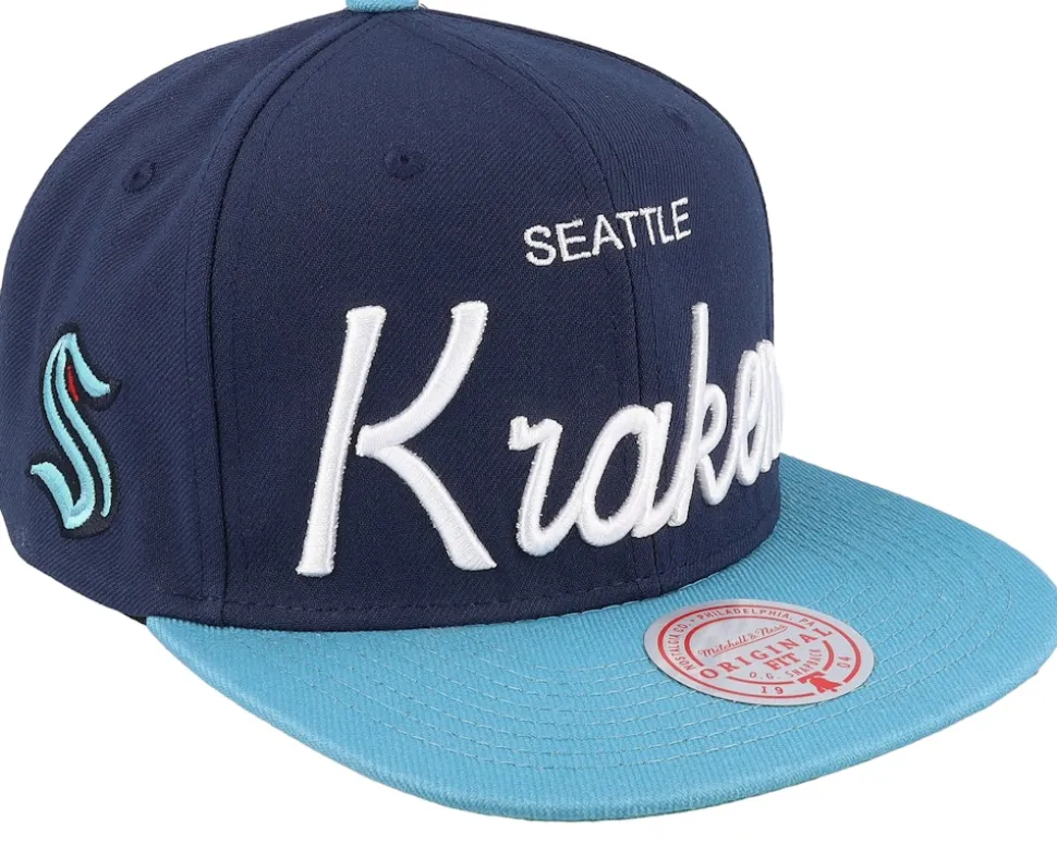 Seattle Kraken Vintage Script Navy/Blue Snapback - Mitchell & Ness