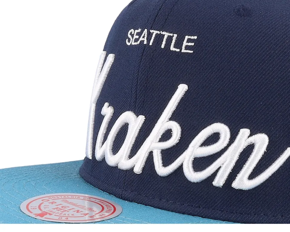 Seattle Kraken Vintage Script Navy/Blue Snapback - Mitchell & Ness