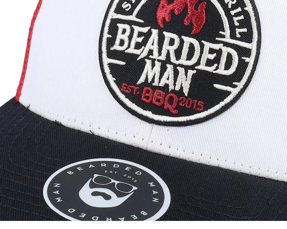 Smoke Grill Bbq Logo Blk White/Scarlet Trucker - Bearded Man