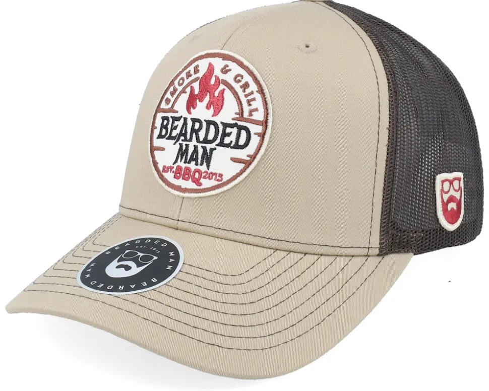 Smoke Grill Bbq Logo Blk White/Scarlet Trucker - Bearded Man