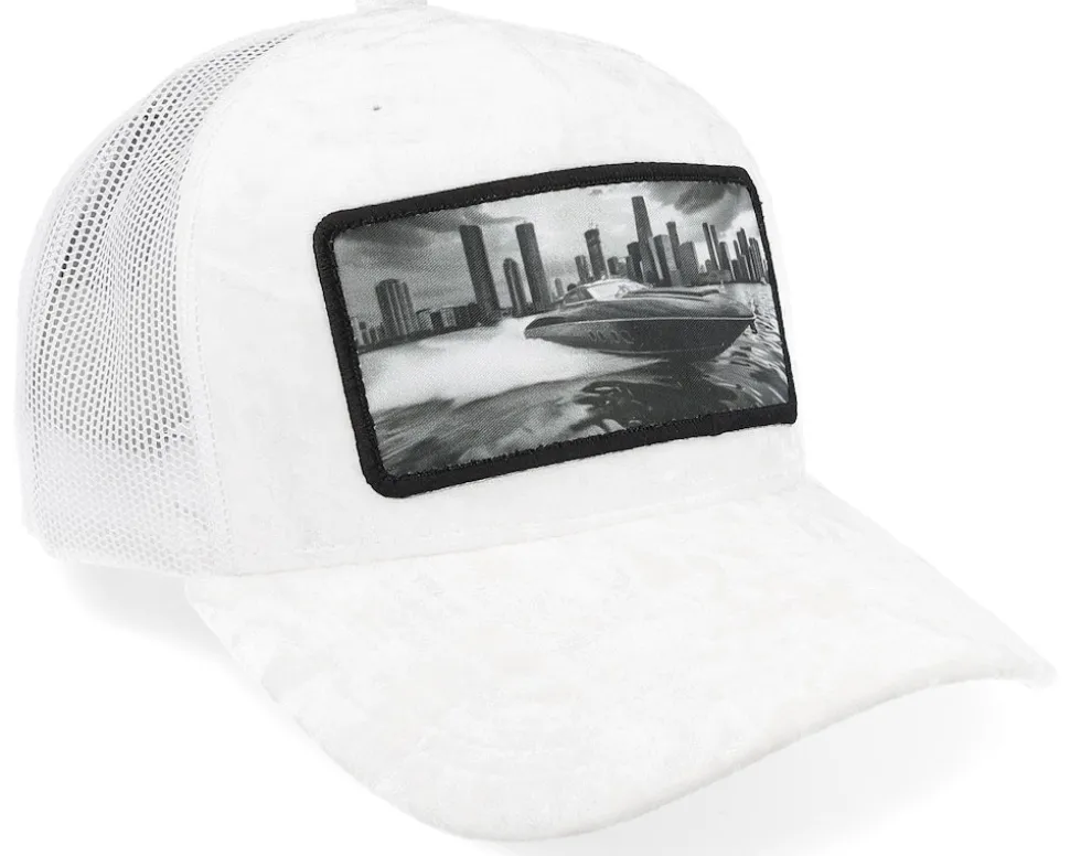 Speed Boat Racing Velvet White A-Frame Trucker - Calza Pennello