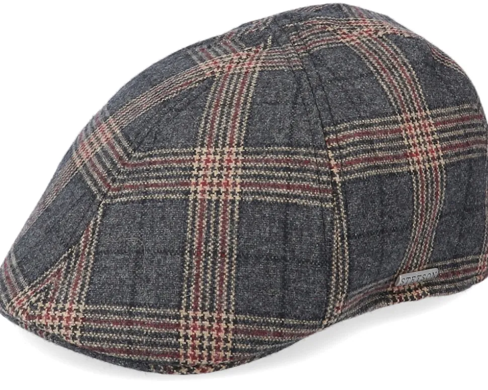 Texas Duck Shape Wool Check Brown Flat Cap - Stetson