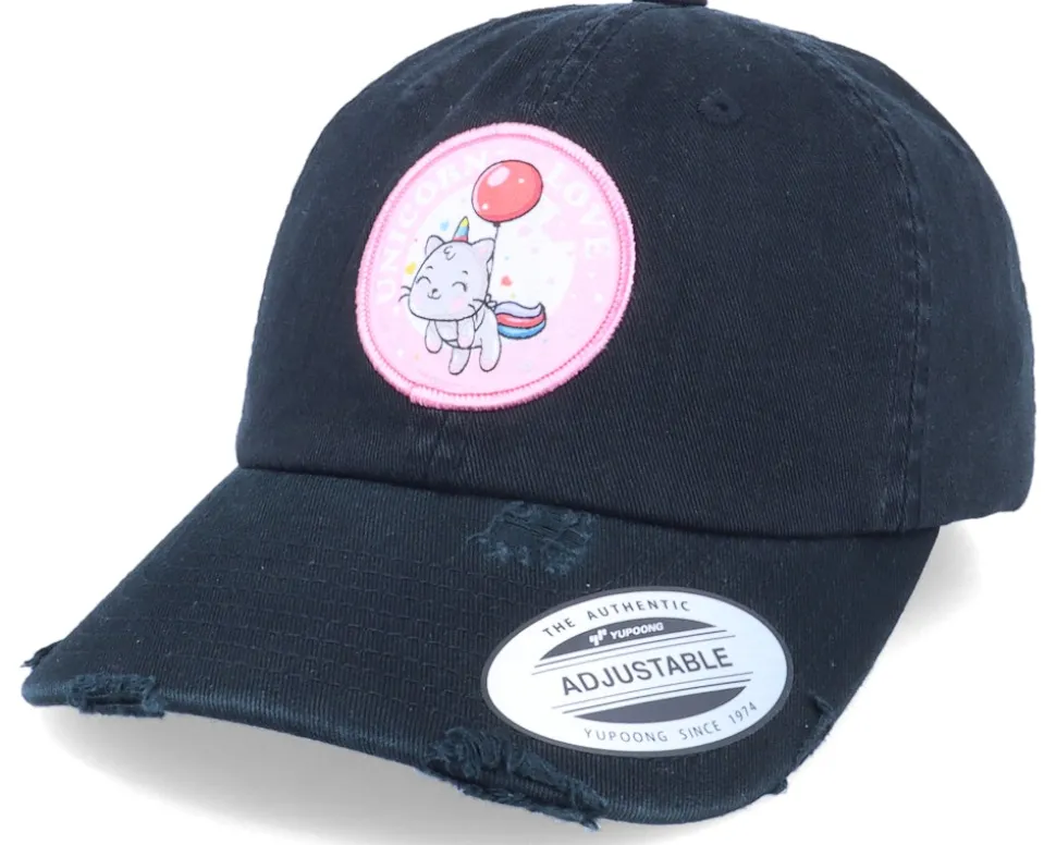 Unicorn Cat Love Patch Destroyed Black Dad Cap - Unicorns