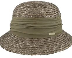 Wheat Braid Cloche With Fabric Flower Olive Straw Hat - Seeberger