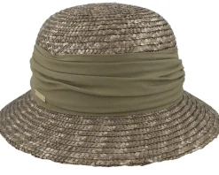 Wheat Braid Cloche With Fabric Flower Olive Straw Hat - Seeberger