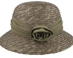 Wheat Braid Cloche With Fabric Flower Olive Straw Hat - Seeberger